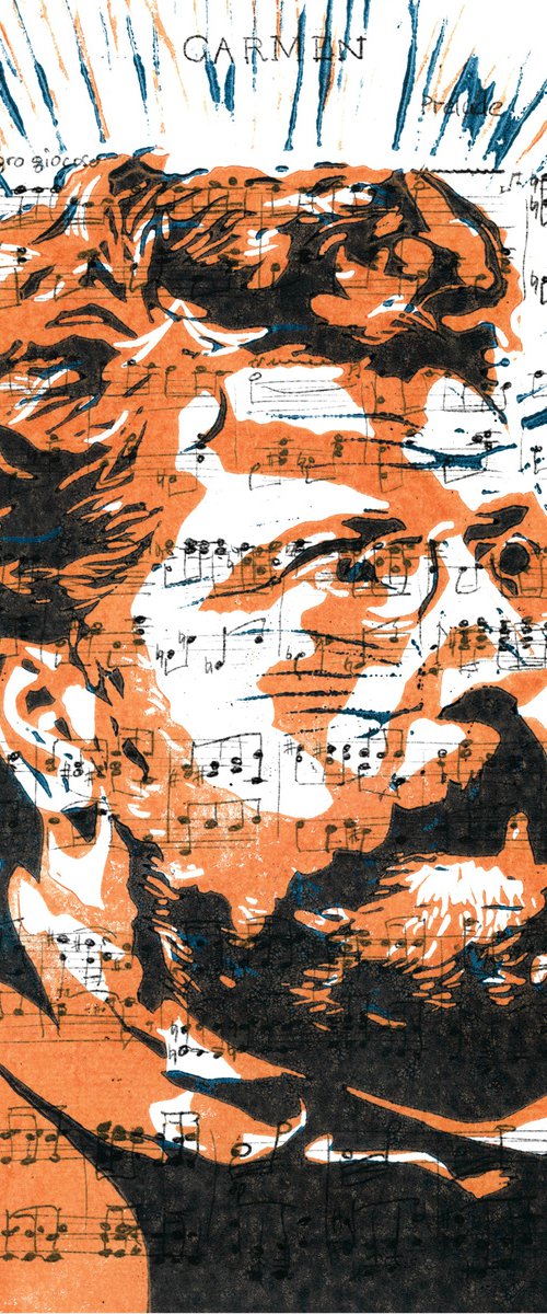 Composers - Georges Bizet - Portrait on notes in orange and blue by Reimaennchen - Christian Reimann