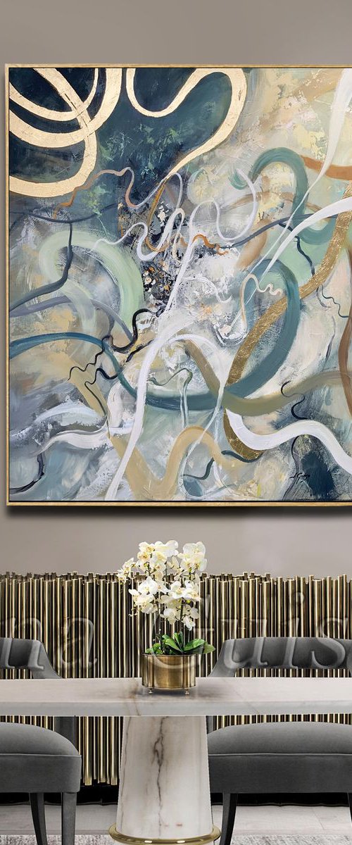40" Abstract Painting , Streeps Abstract, Large Canvas, Gold Leaf, Minimalist Painting, Modern Painting by Lana Guise
