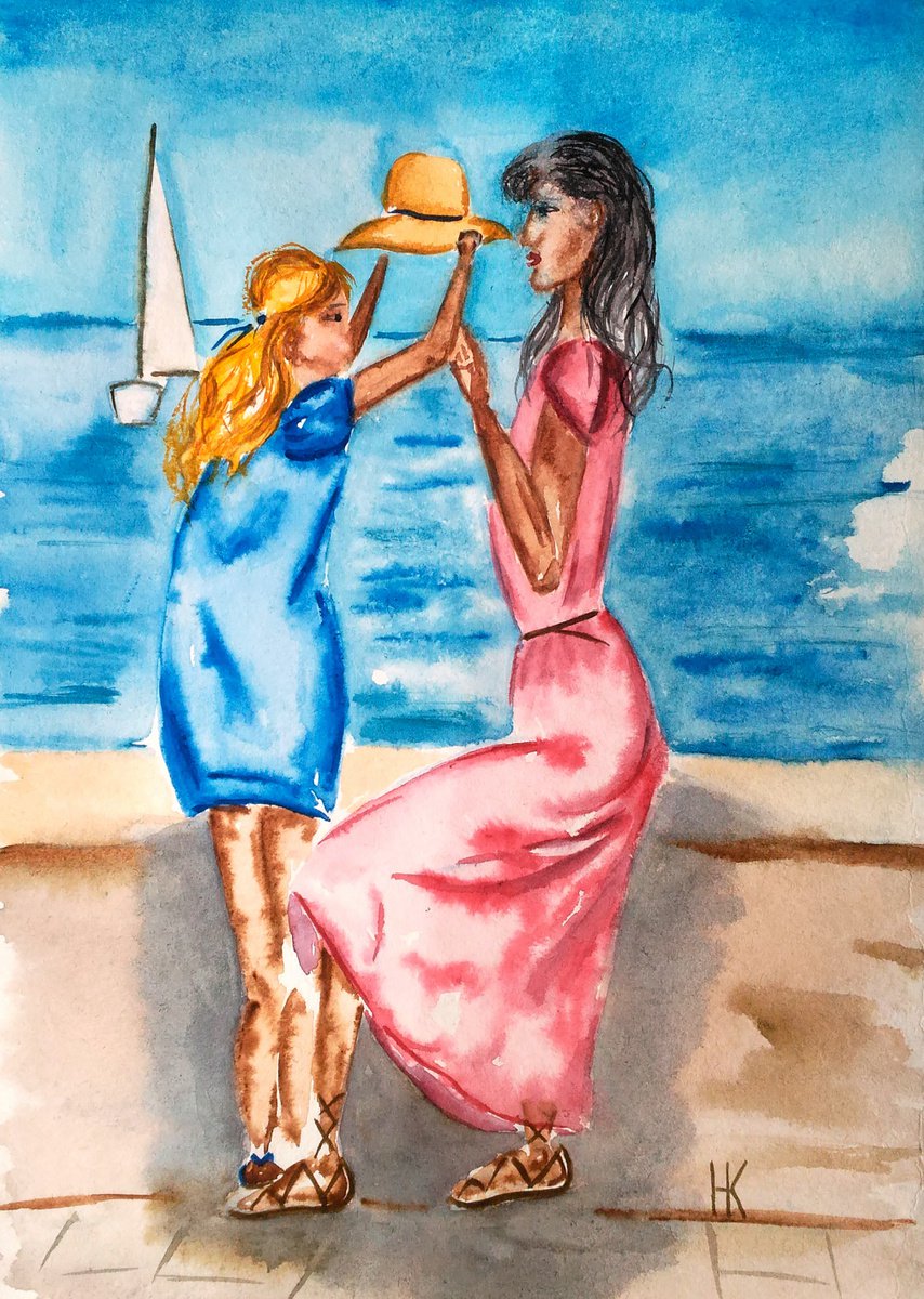 Mother Painting Daugther Original Art Smal Seascape Watercolor Sea Holiday Artwork Woman & by Halyna Kirichenko