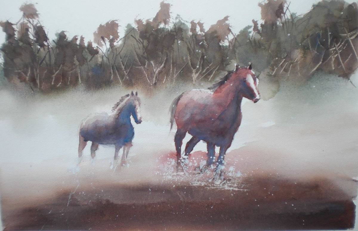Expressive Animal Watercolour By Giorgio Gosti, 17 X 11, Horses 2, Original Artwork