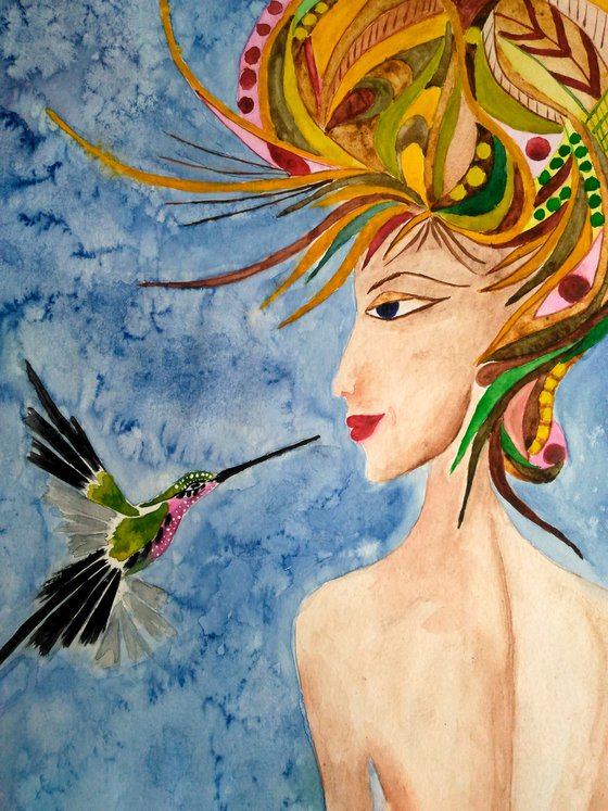 Female Painting Portrait Original Art Abstract Woman Portrait Hummingbird Watercolor Lady with Bird Artwork Home Wall Art 12 by 17" by Halyna Kirichenko