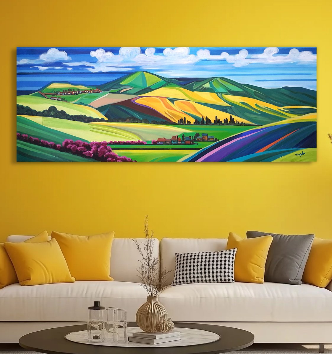 Abstract Landscape Acrylic Painting By Trayko Popov, 68 X 28", Golden Fields And Mountains, Original Artwork