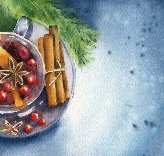 Fragrant mulled wine. Christmas still life. Original watercolor artwork.