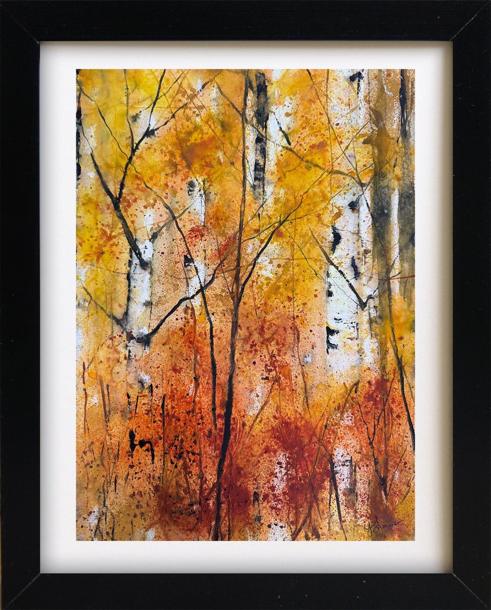 Impressionistic Botanical Watercolour By Teresa Tanner, 11 X 17", Autumn Birch Trunks, Original Artwork