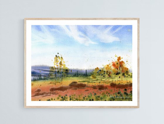 Autumn landscape painting original watercolor on paper forest and trees , country artwork gift idea