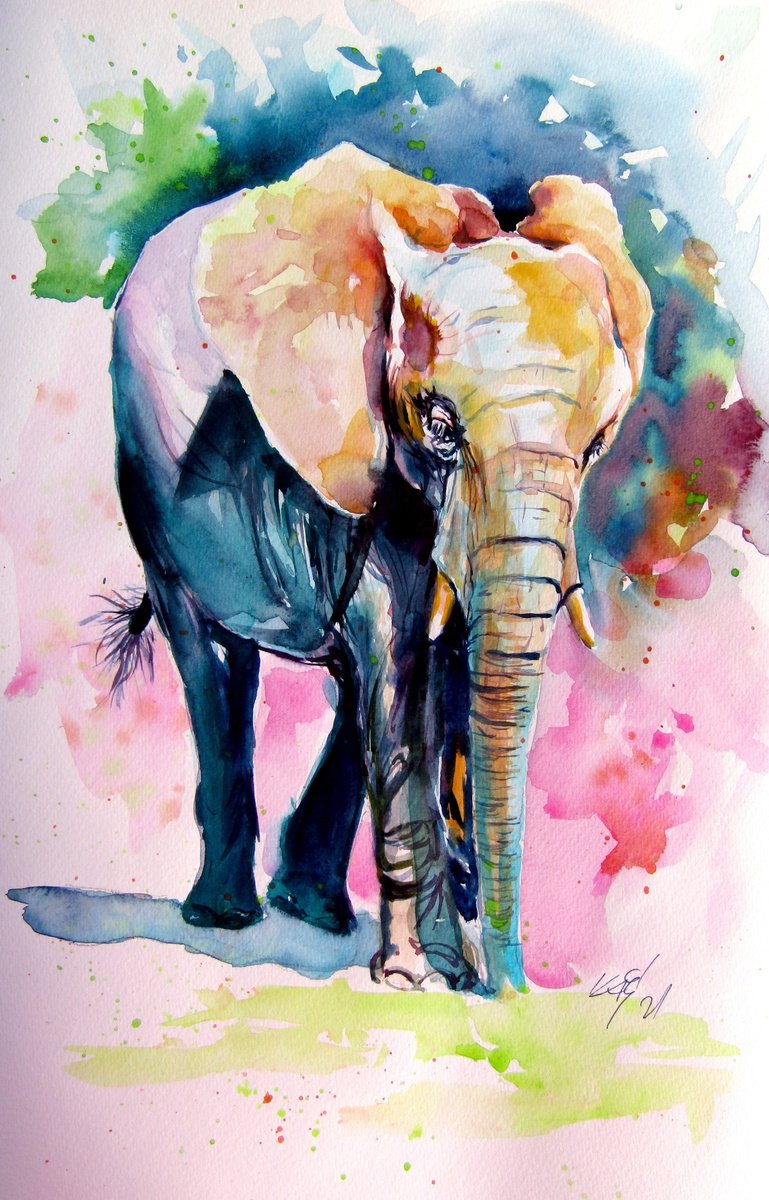 Impressionistic Animal Watercolour By Kovacs Anna Brigitta, 10 X 15", Elephant Alone, Original Artwork