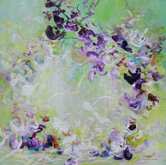 Original Abstract Floral Botanical Painting Textured Art Green Violet Purple Flowers II. Textured Modern Impressionistic Art. 2021