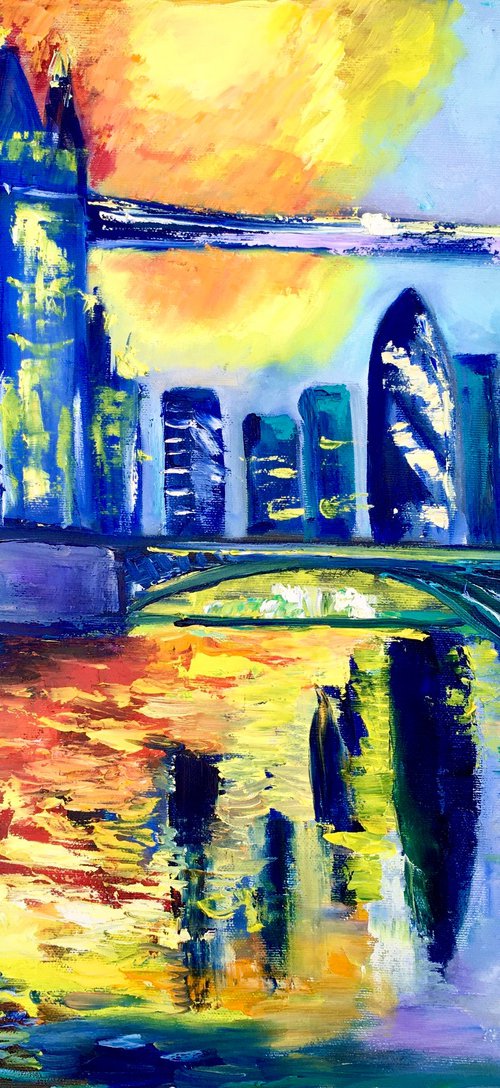 London night, Tower bridge, impressionism.City of London, River Thames, water reflections, sunset, palette knife painting,   variations of blue colours: ultramarine, navy blue, turquoise, sky blue, cobalt, palette knife original artwork. by Olga Koval