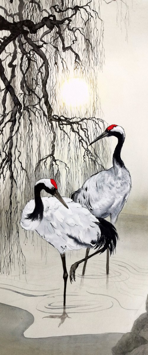 Couple Japanese Red Crowned Cr by Olga Beliaeva Watercolour