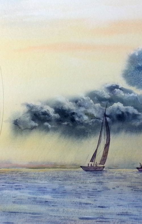 Storm Clouds at Sea, Sailboats by Olga Beliaeva Watercolour