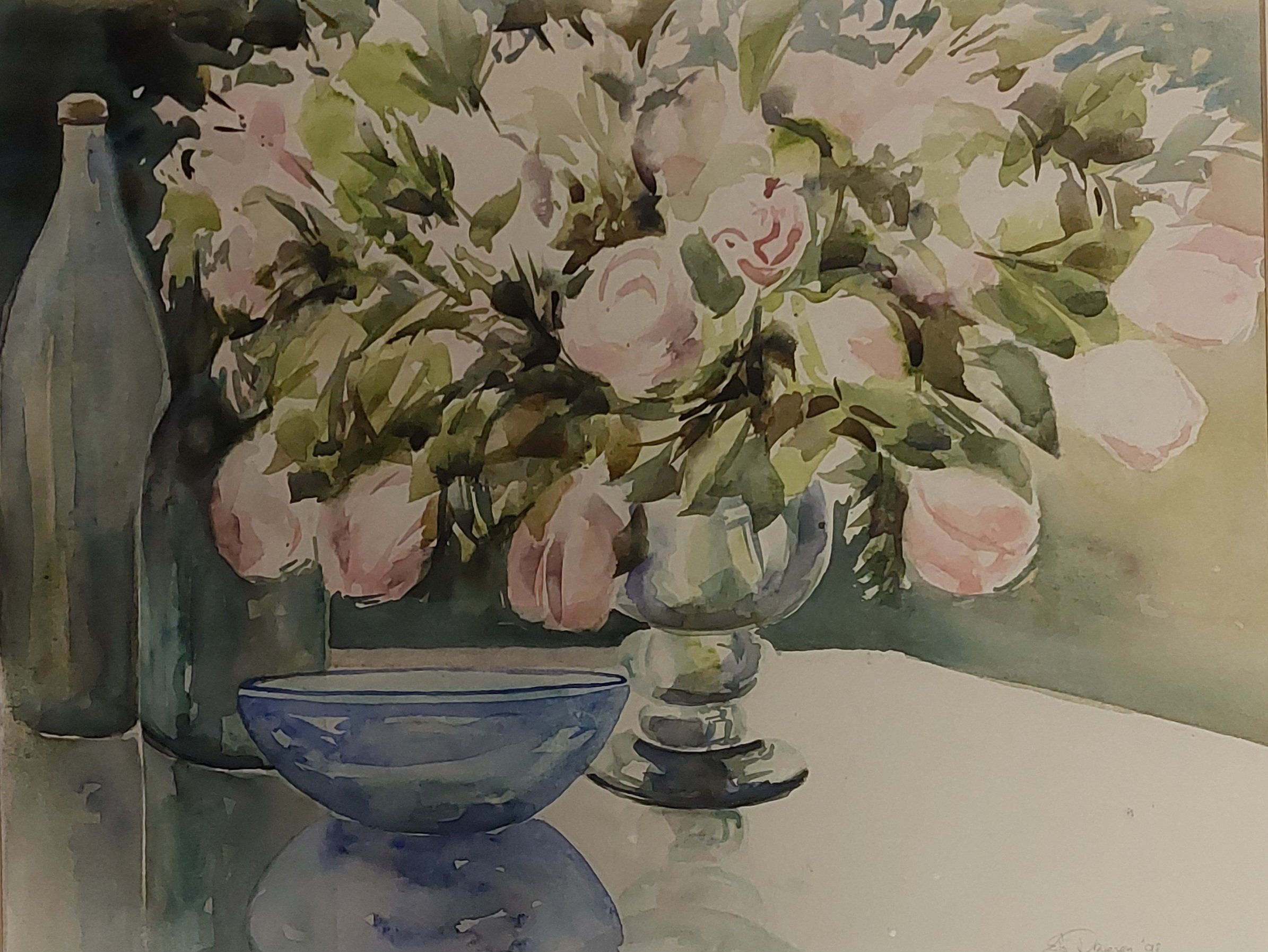Impressionistic Botanical Watercolour By Els Driesen, 24 X 18, Vase Of Flowers, Original Artwork