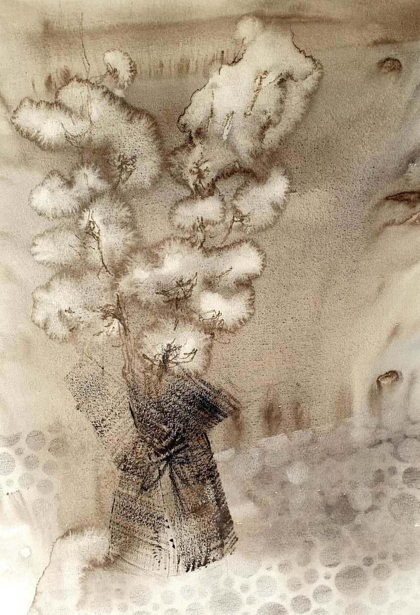 Graphic Painting , Cotton Branches. Little Clouds By Elena Genkin, 12 X 16, Artwork For Sale On Artfinder