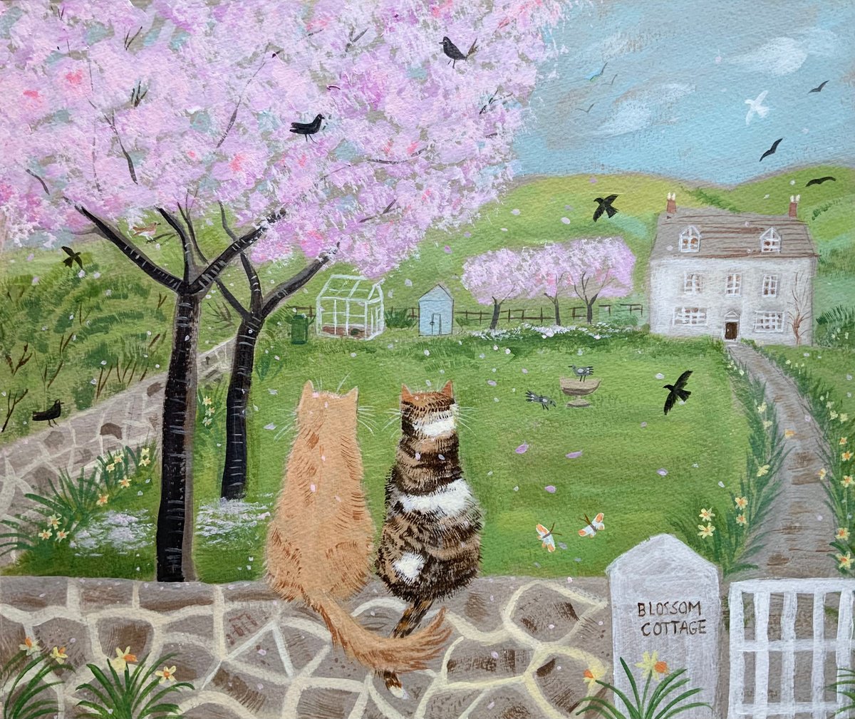 Illustrative Landscape Acrylic Painting By Mary Stubberfield, 13 X 12", Blossom Cottage, Original Artwork