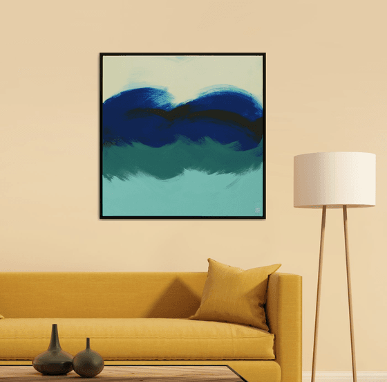 Incl Frame - Abstract Square Painting - The Wave in Blue - 85x85cm - Ronald Hunter - 22J