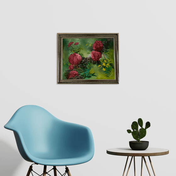 One of a kind oil painting of a Geranium flower bed arranged on an abstract 16x20 fully framed