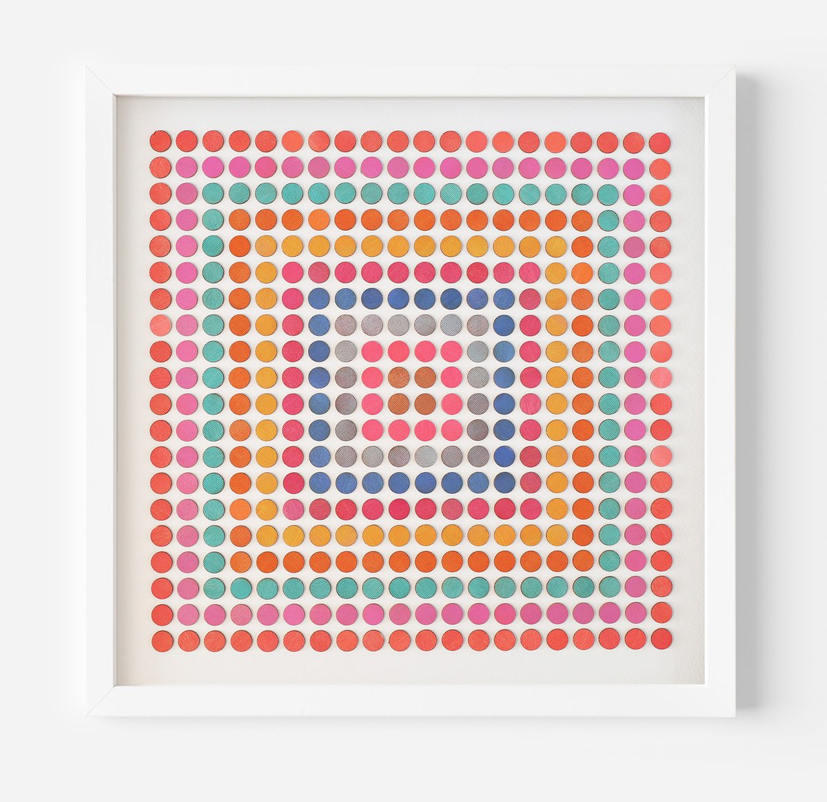 Abstract art wood dot collage ’concentric square of dots’ Red by Amelia Coward