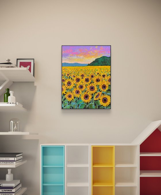 Sunflowers field at sunset