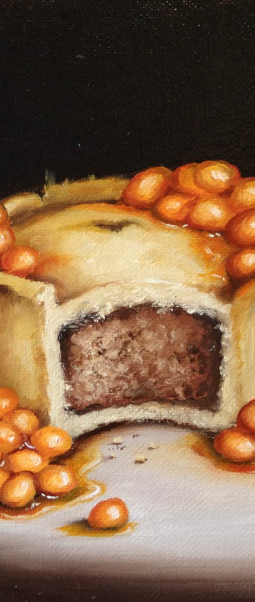 Scotch pie with Baked Beans still  life by Jane Palmer Art