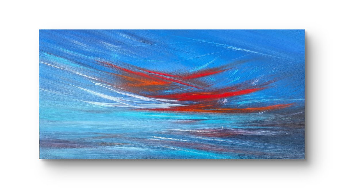 Impressionistic Landscape Acrylic Painting By Mel Graham, 16 X 8", Red Skies, Original Artwork