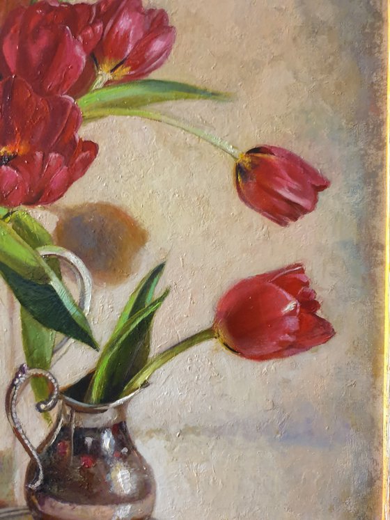 "Spring tulips" still life  metal silver tulip liGHt original painting  GIFT (2019)