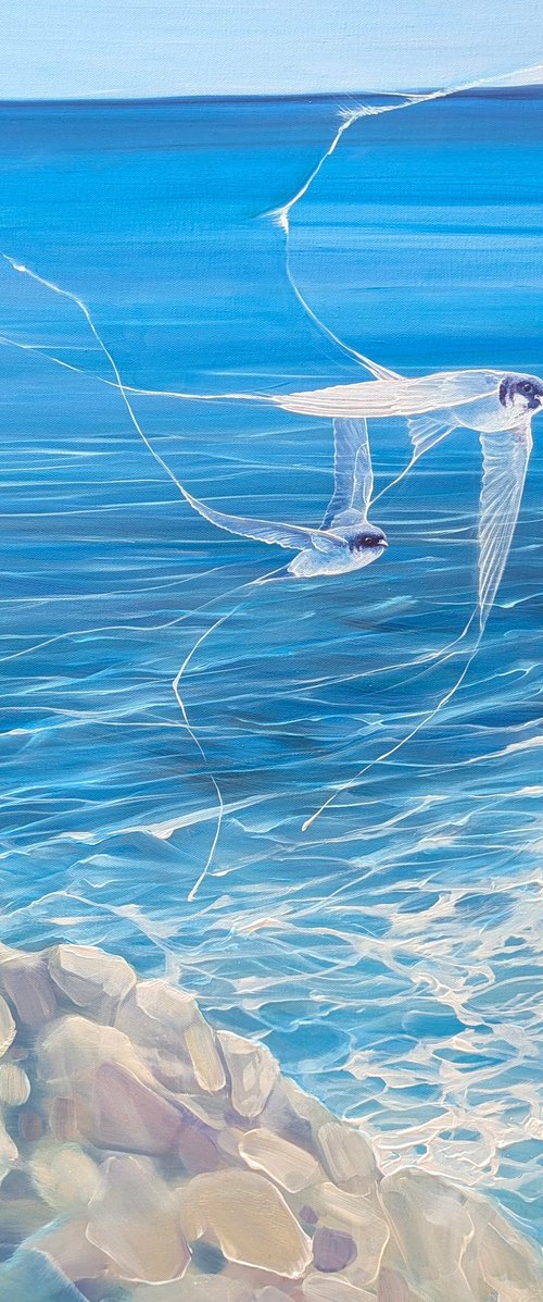 Enchanted, a blue seascape with birds by Gill Bustamante