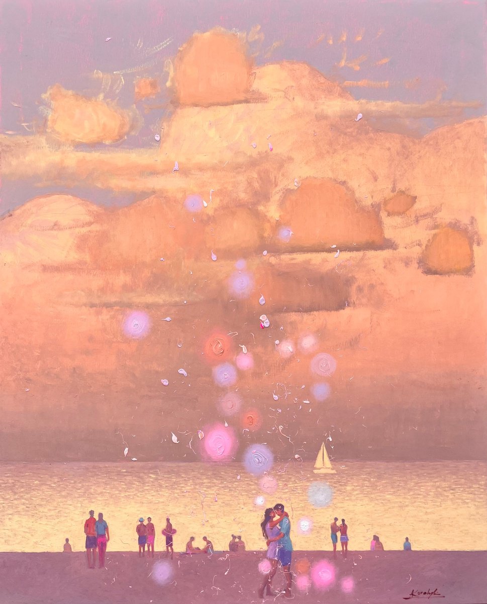 Impressionistic Landscape Oil Painting By Andrii Kovalyk, 32 X 39, A Golden Peach Evening, Original Artwork