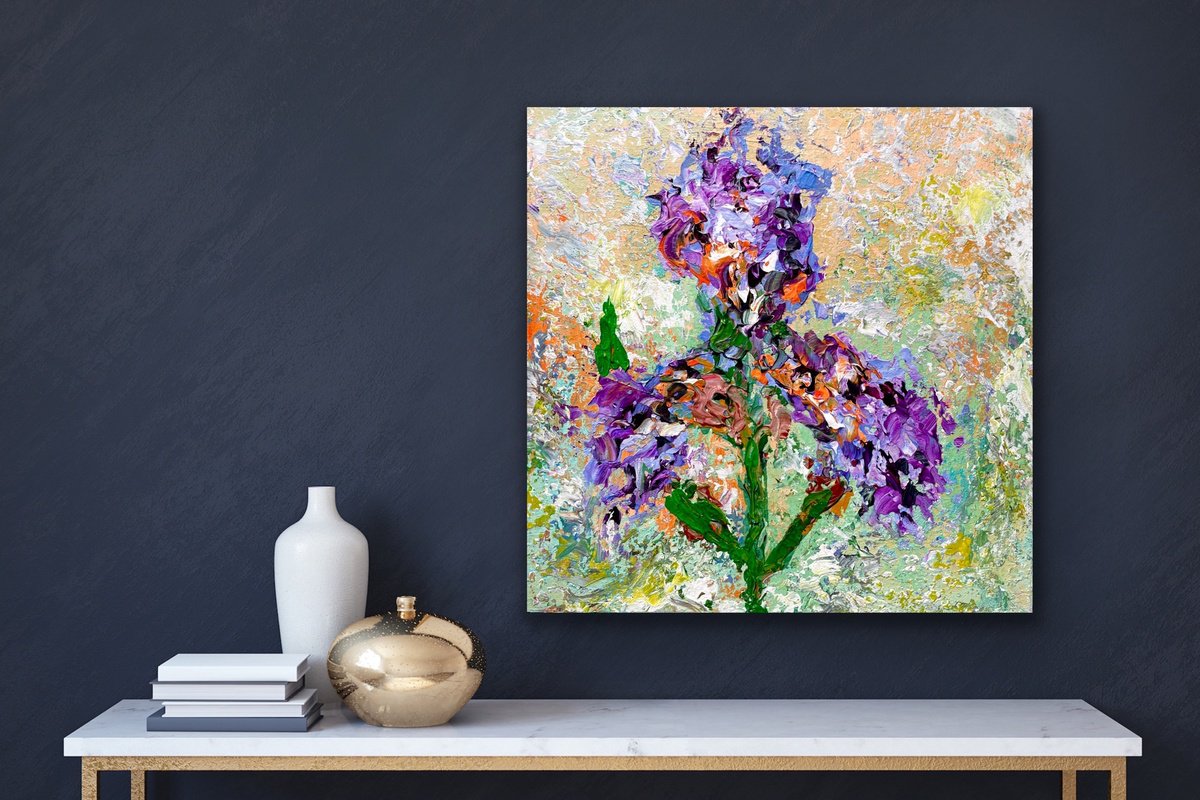 Impressionistic Botanical Acrylic Painting By Pooja Verma, 11 X 11", Symphony Of Iris Flower, Original Artwork
