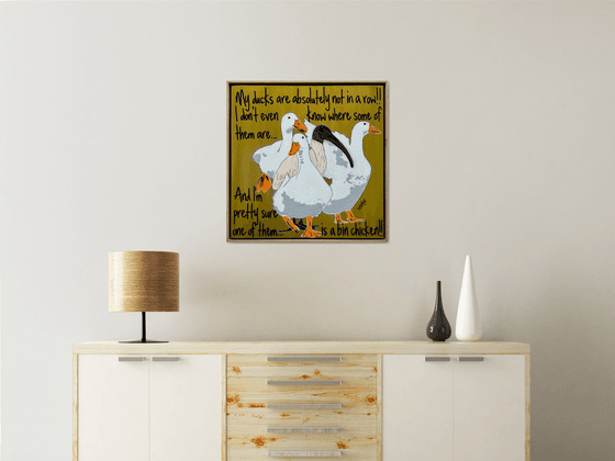 Ducks in a Row Gold Bin Chicken Framed