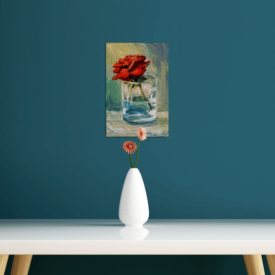 Red rose in the glass Framed and ready to hang floral painting