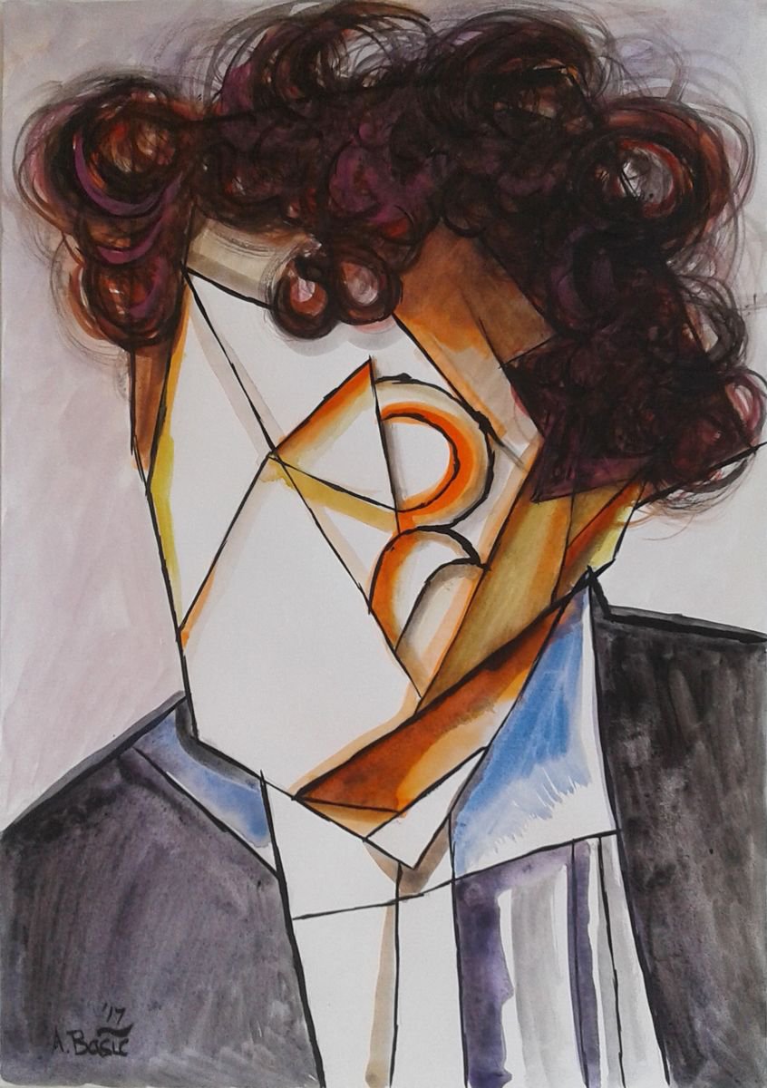 Geometric Portrait Painting By Aleksandar Basic, 12 X 17, Marc Zakharovich Chagall, Original Artwork