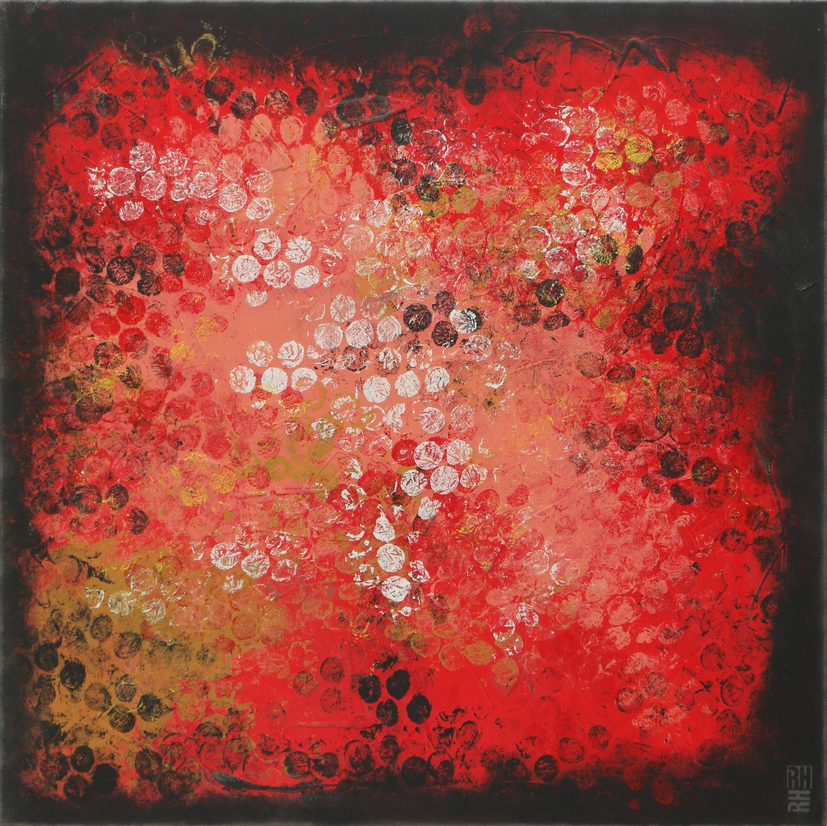 Abstract Acrylic Painting By Ronald Hunter, 35 X 35", Boiling Bubbles Red Square, Original Artwork