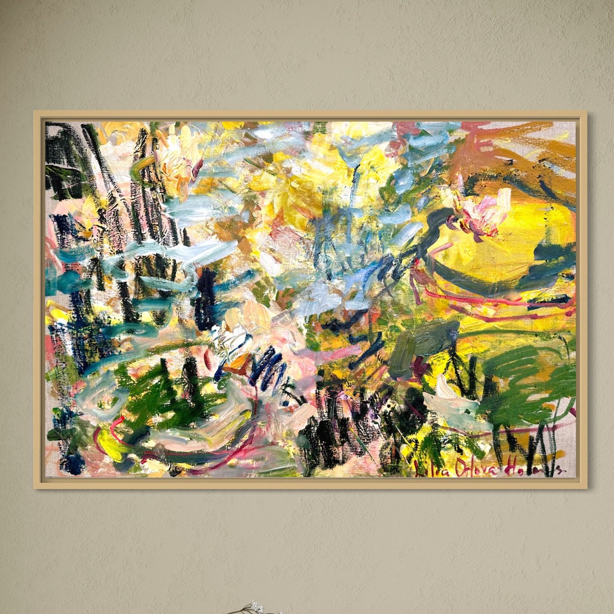 Expressive Abstract Oil Painting By Lilia Orlova-Holmes, 30 X 20", An Autumn Pond., Original Artwork