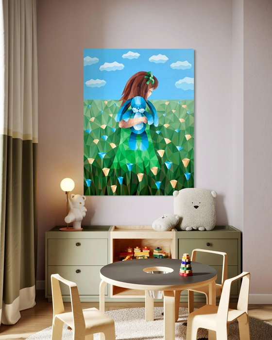 GIRL IN A FLOWER FIELD WITH A BLUE RABBIT