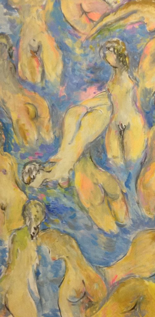 BIG BATHERS - Large abstract nude art original painting, erotic, love, lovers, beautiful, blue pastel colours, gift for him, bedroom art, 170x200cm by Karakhan