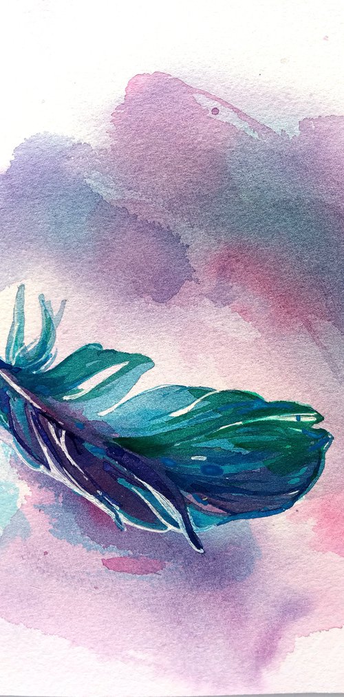 Still life "Fantasy bright blue-green feather of a bird" original watercolor painting square postcard by Ksenia Selianko