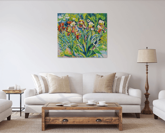 Irises and orange lilies