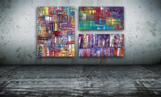 "It Will All Make Sense" - Original Xt Large PMS Abstract Triptych Oil Paintings On Canvas - 66" x 40"