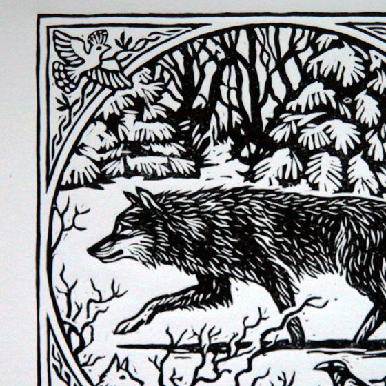 Wolf linocut print.