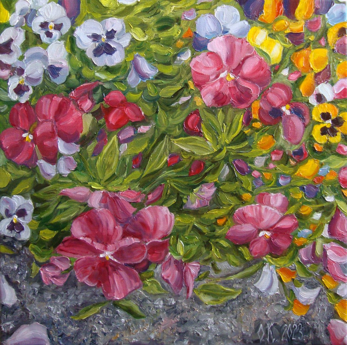 Impressionistic Botanical Oil Painting By Olga Knezevic, 16 X 16", Garden Of Happiness, Original Artwork
