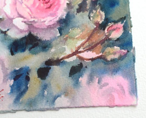 Watercolor English roses, Pink flowers on green