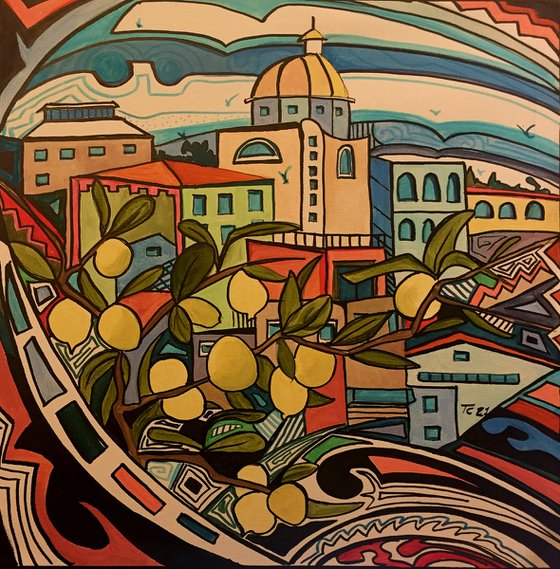 The small church from the lemon tree - original acrylic on canvas 60 x 60 cm / 24' x 24' inches