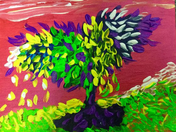 Tree of love . Modern acrylic palette knife painting. Home decor.