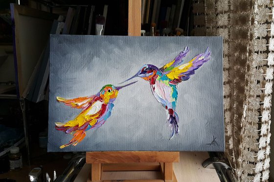 "Love for two" - Painting on canvas,animals oil painting, art bird, Impressionism, palette knife, gift.