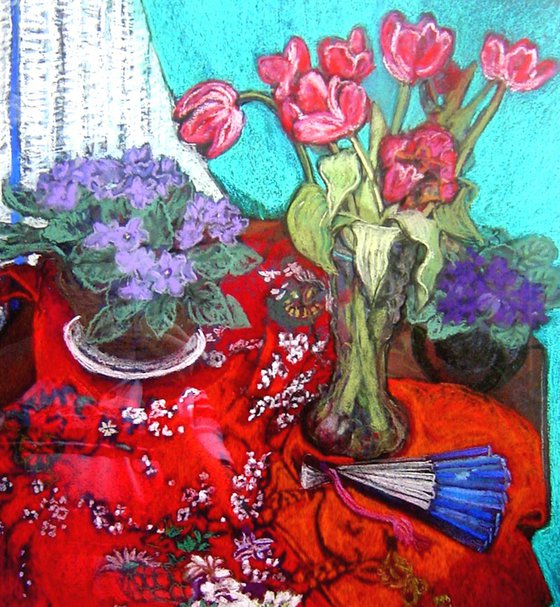 Red Chinese Kimono and Fan still life
