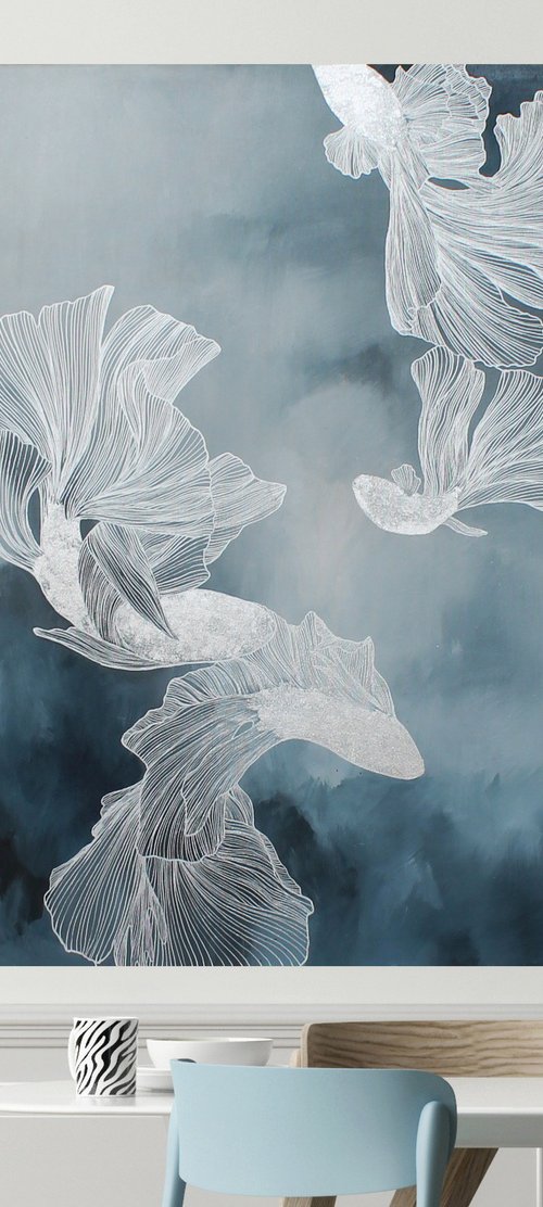 "Immensity 2" Blue silver fish abstract art by Yana Sagan