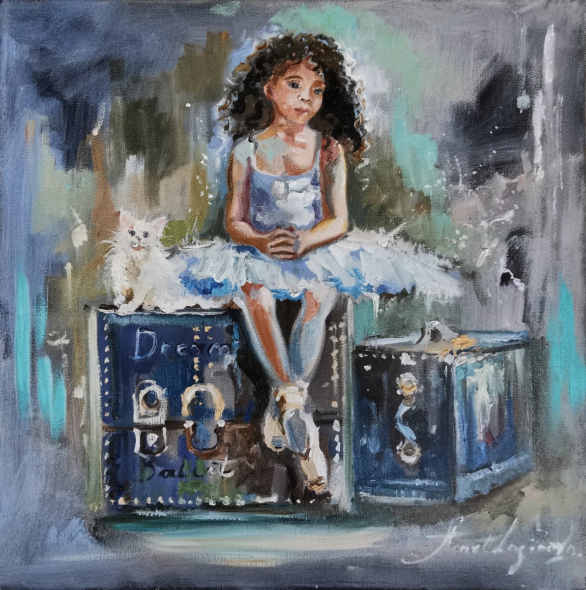 Impressionistic Portrait Oil Painting By Annet Loginova, 16 X 16, African American Painting. Ballerina With A White Kitten, Artfinder