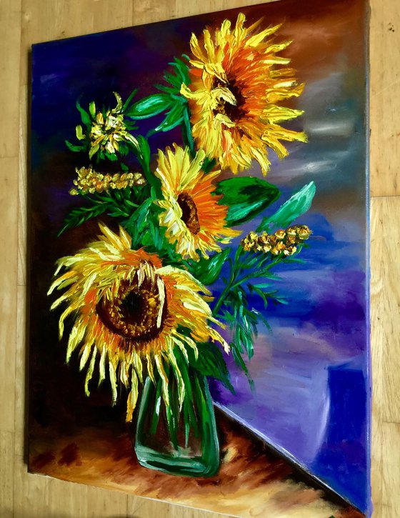 BOUQUET OF SUNFLOWERS SALE.  inspired by VINCENT VAN GOGH . palette knife modern  oil still life painting on blue purple pink yellow Dutch style office home decor gift