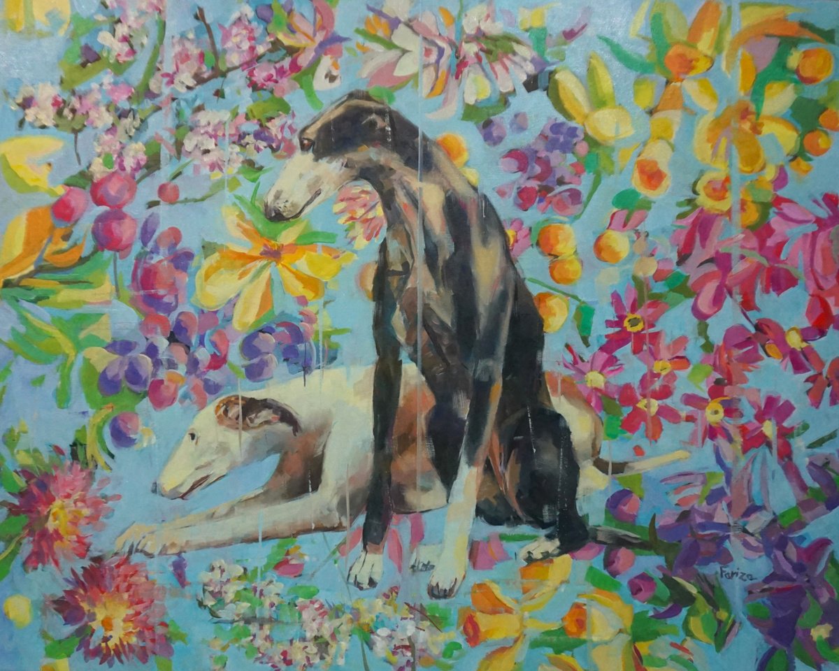 Impressionistic Botanical Oil Painting By Amaya Fernandez Fariza, 32 X 26, Floral Greyhounds, Original Artwork