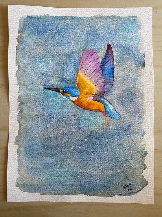 Kingfisher in flight watercolour painting