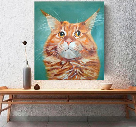 Red cat Maine Coon, 45x50 cm, ready to hang.